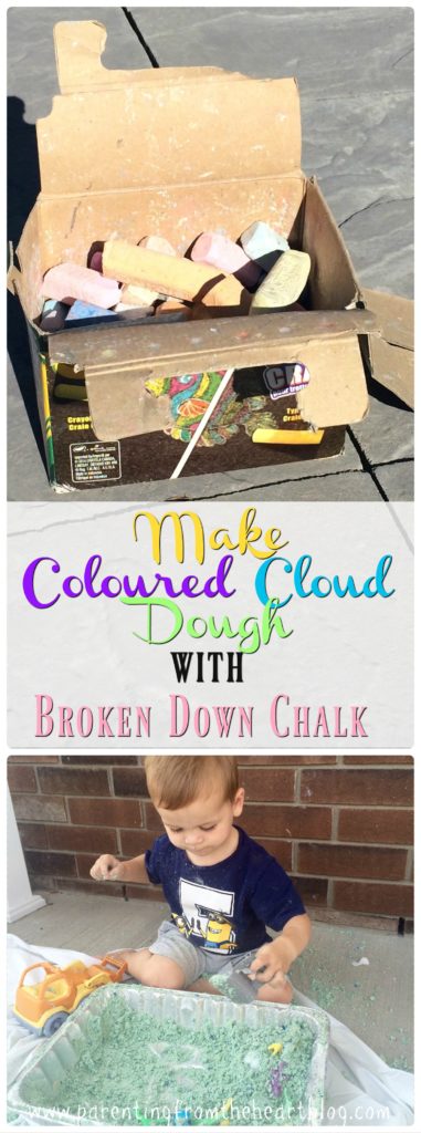 Upcycle your broken down box of street chalk with this easy coloured cloud dough recipe. It only requires 3 ingredients, is super simple to make and a great way for toddlers, preschoolers, and any kid to engage in sensory play. Kids activities, play-based learning