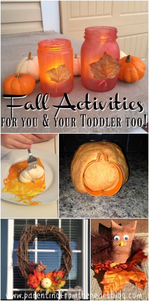 These Fall Toddler activities are REALLY easy to set up and your toddler can do with minimal help! Make Fall Lanterns, engage in sensory play using pumpkin play dough, make a 5 minute Fall wreath, toilet paper roll owls and more! Play based learning, learning through play, toddlers, preschoolers, Fall fun.