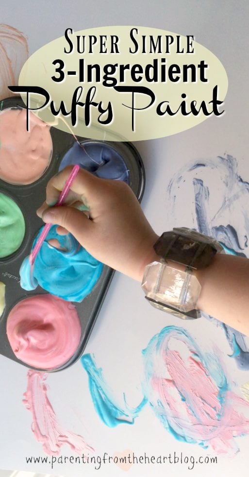 3-ingredient puffy paint is so easy to set-up and so much fun for young kids! Kids activities, play-based learning, DIY paint, Early childhood education, easy DIY
