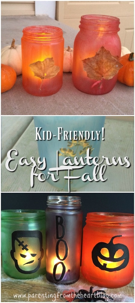 These DIY Fall Lanterns make for incredibly easy fall decor. Your kids can make them with minimal or no help, and they turn out beautifully. Be sure to click through to see other examples, kid-friendly, kids activities, simple budget ideas, fall decorations