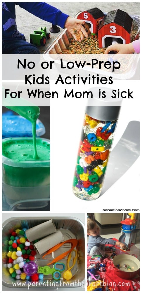 When Mom is sick or needs a break, low or no-prep kids activities are key! Here are more than 15 play-based learning kids activities that take little or no-prep. They'll buy you some quiet time and have them engaged without defaulting to screen time. STEM learning, fine motor skill practice, kids crafts, arts and crafts, toddlers, preschoolers, kindergarteners