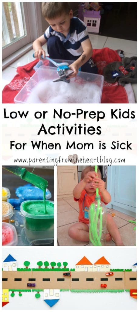 When Mom is sick or needs a break, low or no-prep kids activities are key! Here are more than 15 play-based learning kids activities that take little or no-prep. They'll buy you some quiet time and have them engaged without defaulting to screen time. STEM learning, fine motor skill practice, kids crafts, arts and crafts, toddlers, preschoolers, kindergarteners