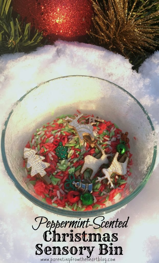 Have fun with a Holiday-themed sensory bin by making coloured rice. Also find out the benefits of sensory play and other simple sensory bin ideas in this Christmas sensory bin post. The recipe is really simple to follow and smells like peppermint! Great for early childhood education, play-based learning, learning through play and more.