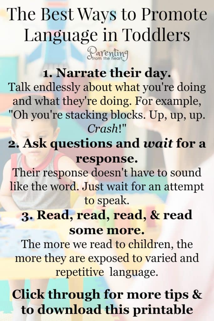 Here are six ways to promote language development in toddlers and young children. They're simple strategies that work. #languagedevelopment #parenting #parentingtoddlers #parentinghacks #parentingtips #learning #toddlers