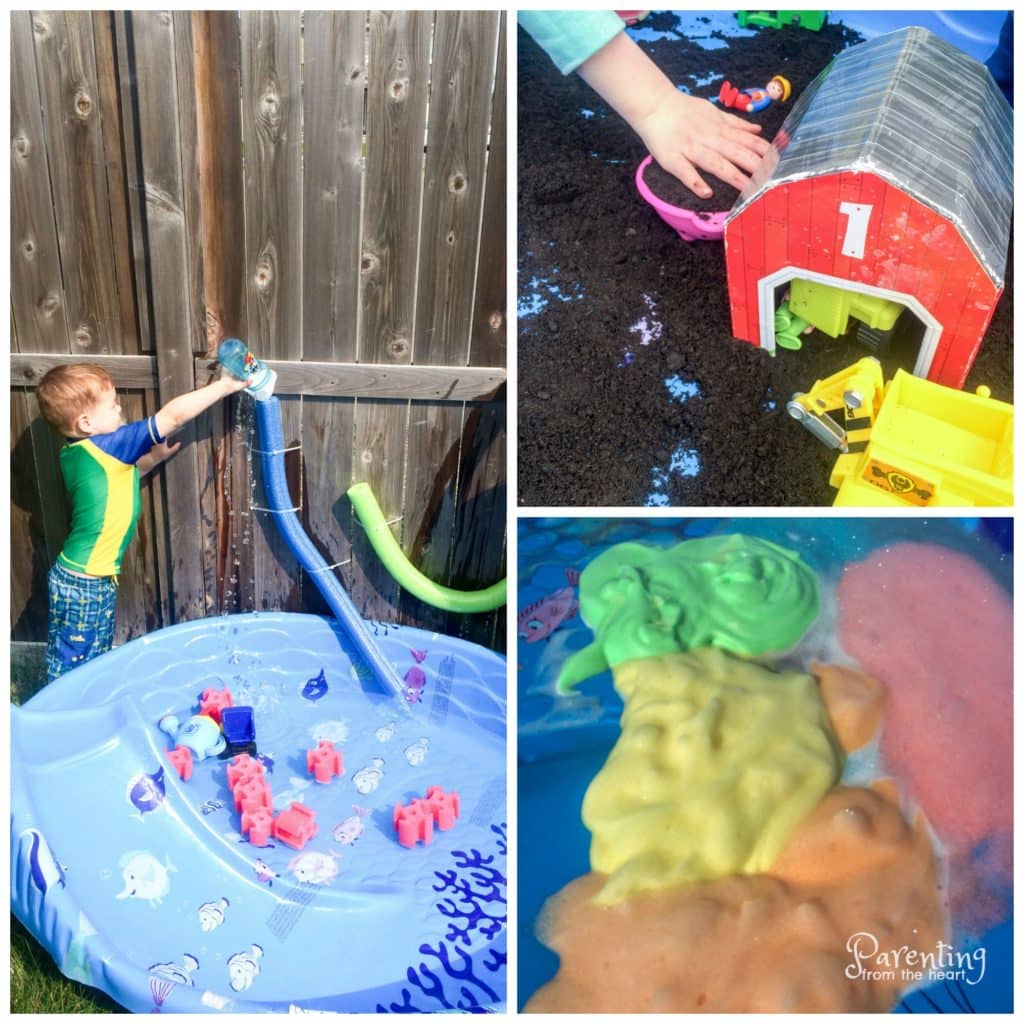Three sensory play ideas - water and water gun with foam noodles, coloured foam, jello fish in pool Kiddie pools are fun for a brief period of time and then kind of lose their intrigue. Then, parents are left with a massive piece of plastic to store in the backyard or garage. All it takes is a little creativity and some common household items to re-purpose your kiddie pool and make it into a massive sensory bin. It's such a fun way for kids to engage in play-based learning outside. 