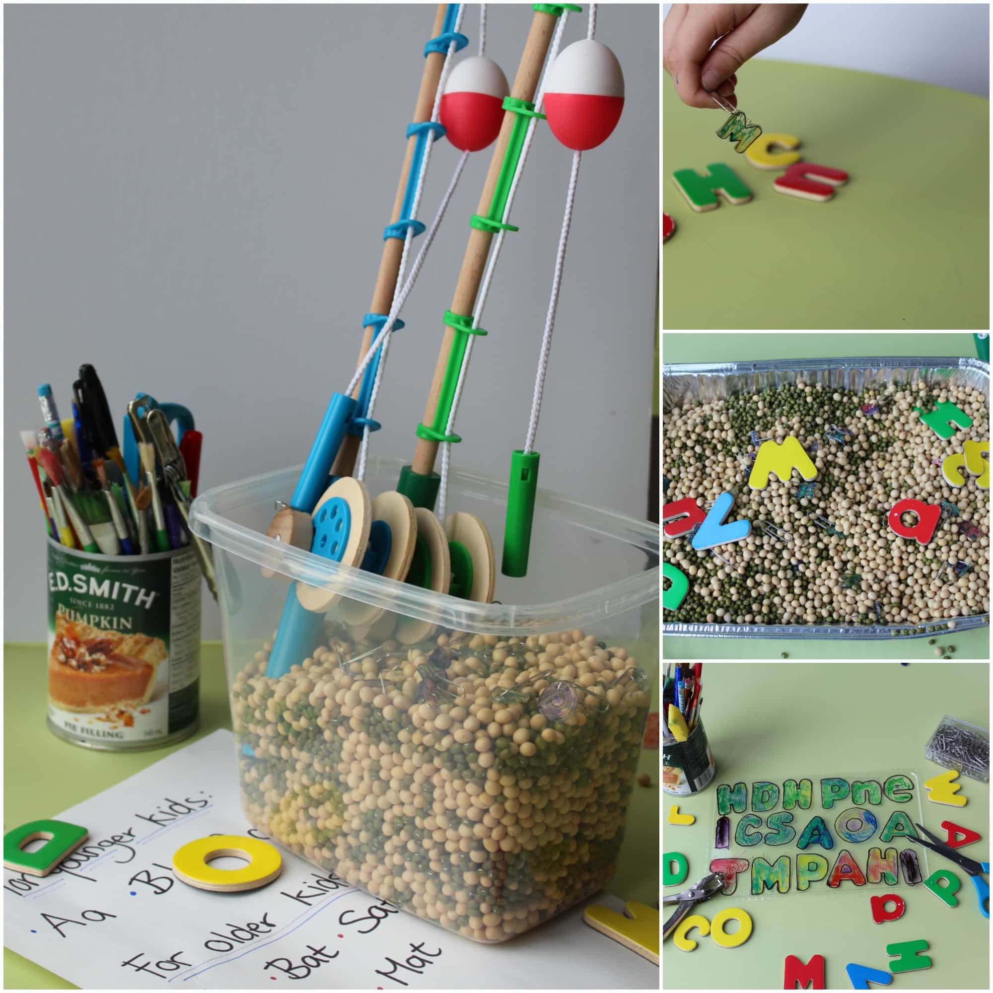 Promote early literacy and play-based learning with this fishing sight word sensory bin. Perfect for early childhood education, sensory play, developing fine motor skills, hand eye coordination, letter recognition, learning the alphabet and more.