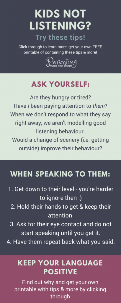Kids not listening? Your kids will listen if you use these two strategies. Great positive parenting strategies for parents with young kids, toddlers, and preschoolers.