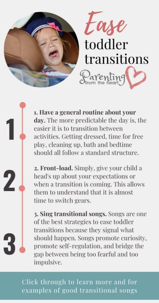 infographic with three tips to ease toddler transitions rooted in positive parenting