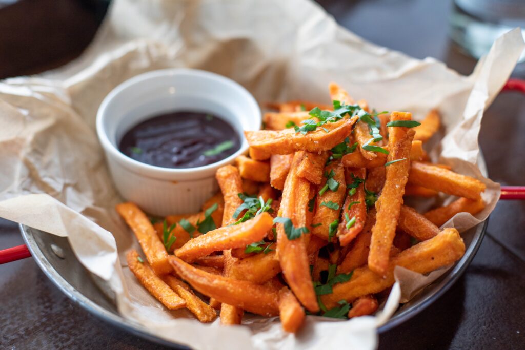 Sweet potato fries with dipping sauce are a great option for your picky eater.