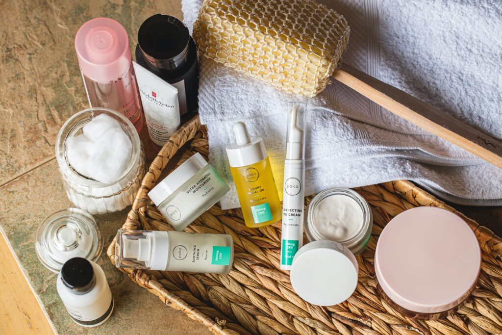 beauty products on a woven tray
