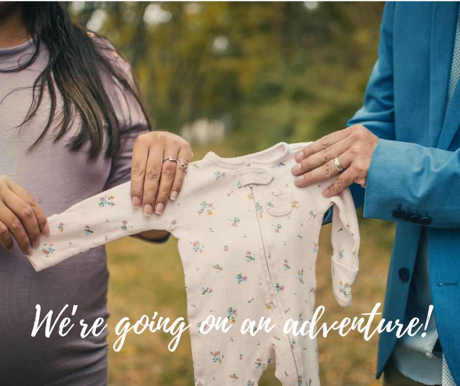 Book quotes as pregnancy announcement captions, photo of a couple holding baby onesie