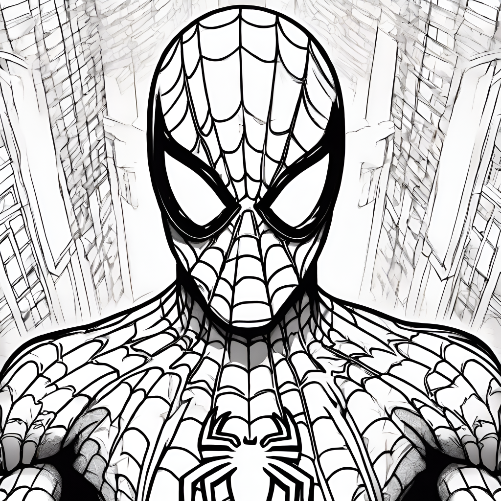 Close up shot of spider man with buildings behind him. 