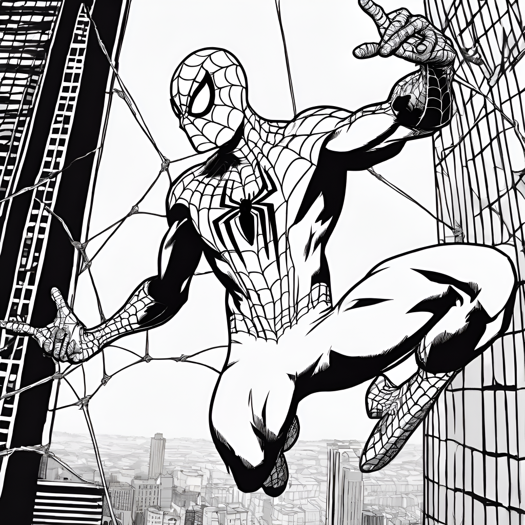 Spider-Man coloring page of him in a web, with a city behind him. 
