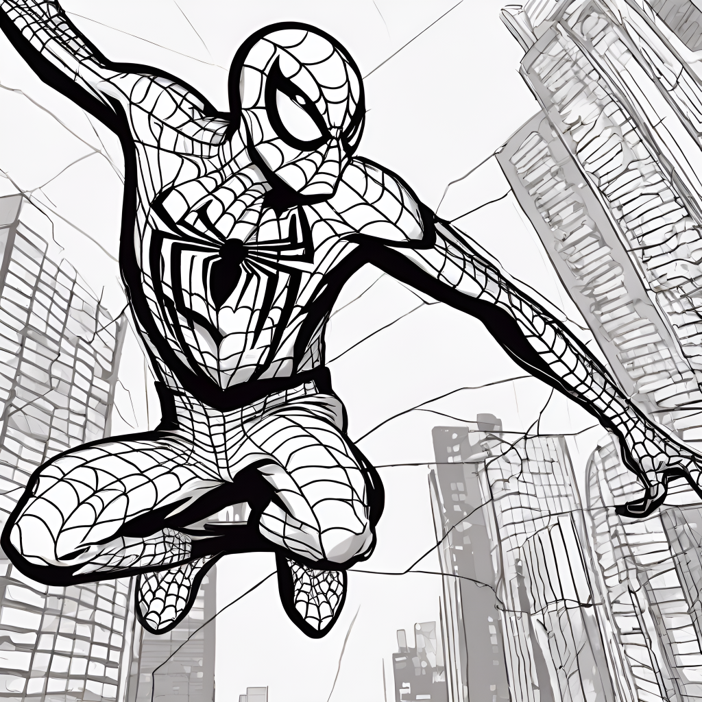 Spider-Man in a city doing his signature pose coloring page. 