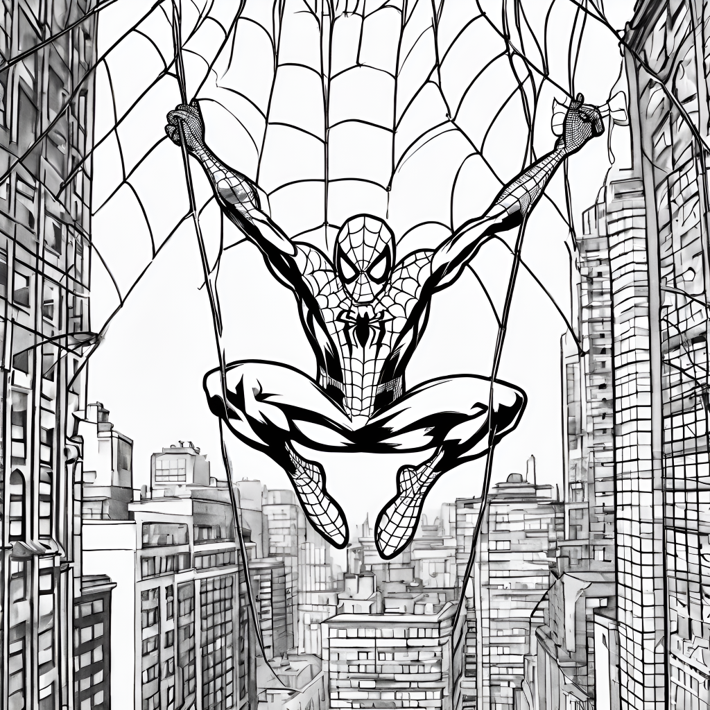 coloring page of spider man hanging on to a spider web. 