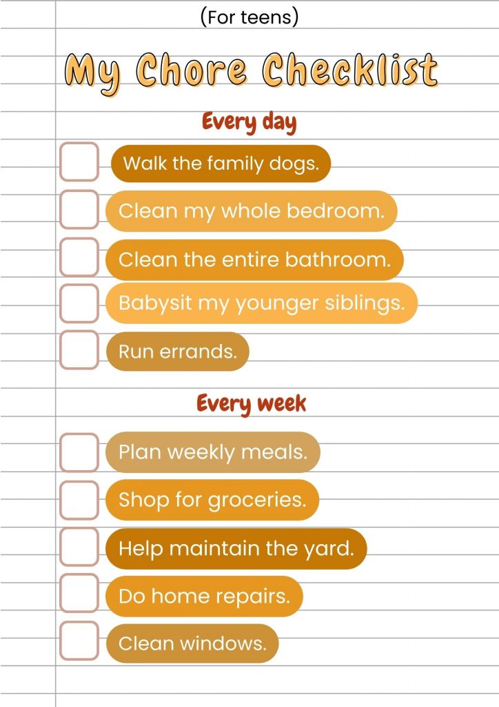 A checklist for teens age appropriate chores 