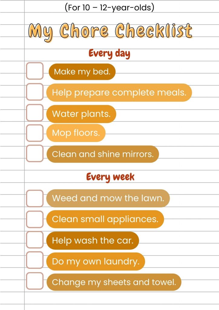 This checklist of age-appropriate chores for 10-12-year-olds includes making the bed, helping prep meals, watering plants, and mopping floors. 