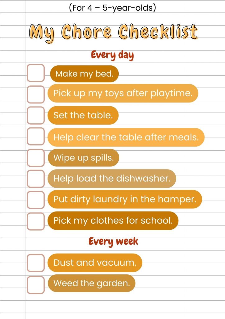 This checklist of chores for 4-5-year-olds includes making the bed, picking up toys, setting the table, and helping clear the table after meals. 