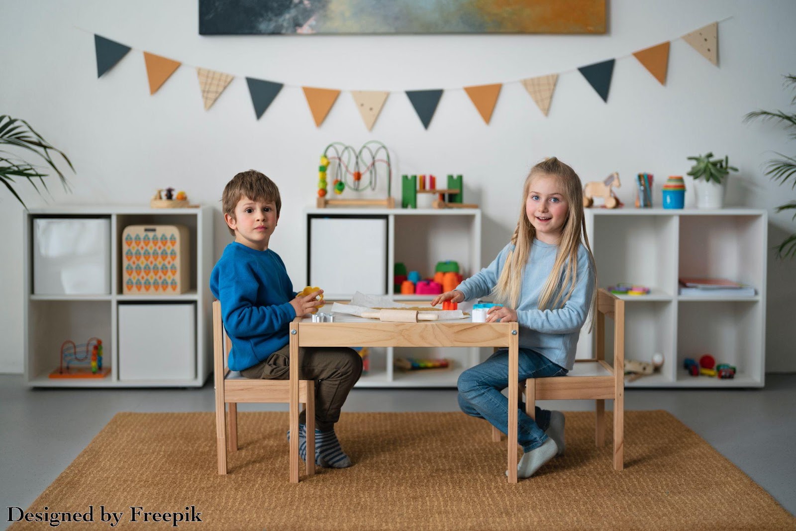 Two children boy and girl playing in a montessori setting on a table 