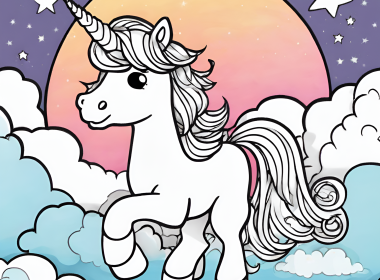 Unicorn coloring page for kids. Unicorn in the clouds.