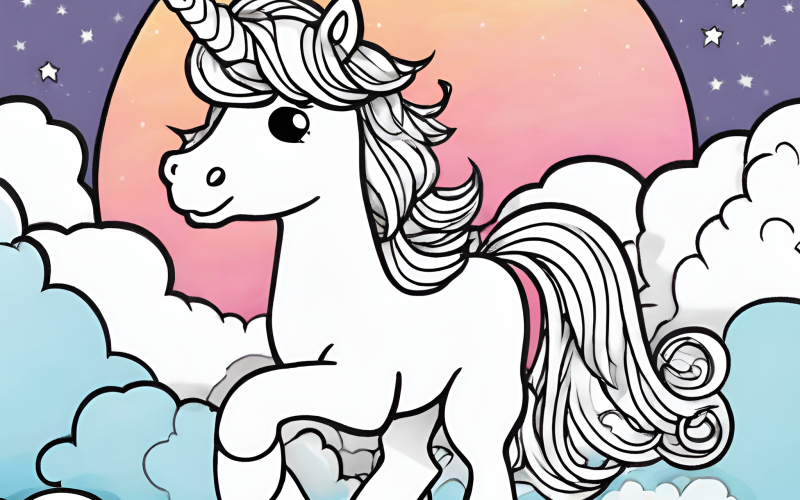 Unicorn coloring page for kids. Unicorn in the clouds.