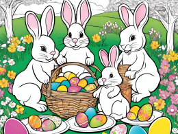 Easter bunnies around a basket full of eggs