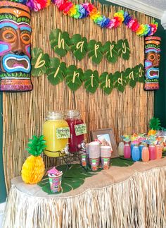 Hawaiian-theme birthday table set-up for kids.