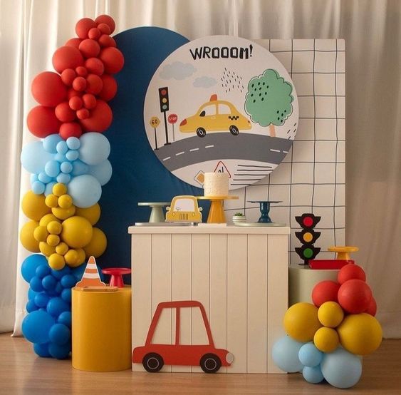 Transportation-theme birthday set-up for kids.