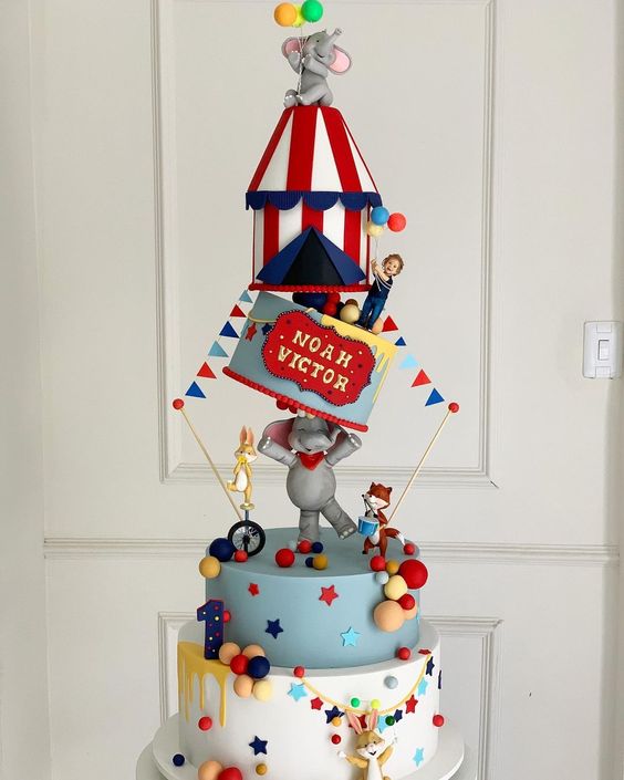 Circus-themed birthday cake for kids.
