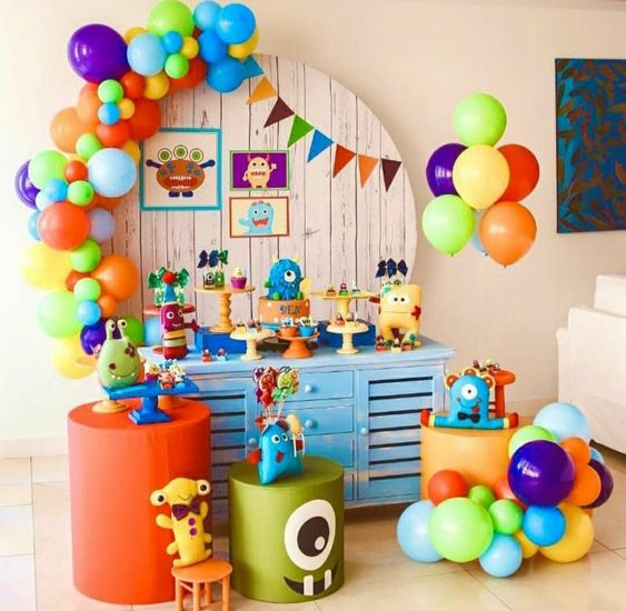 Monster-theme birthday party set-up for kids.