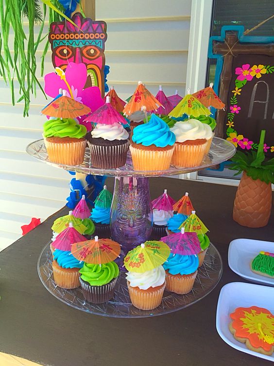 Colorful Hawaiian-theme birthday cupcakes for kids.