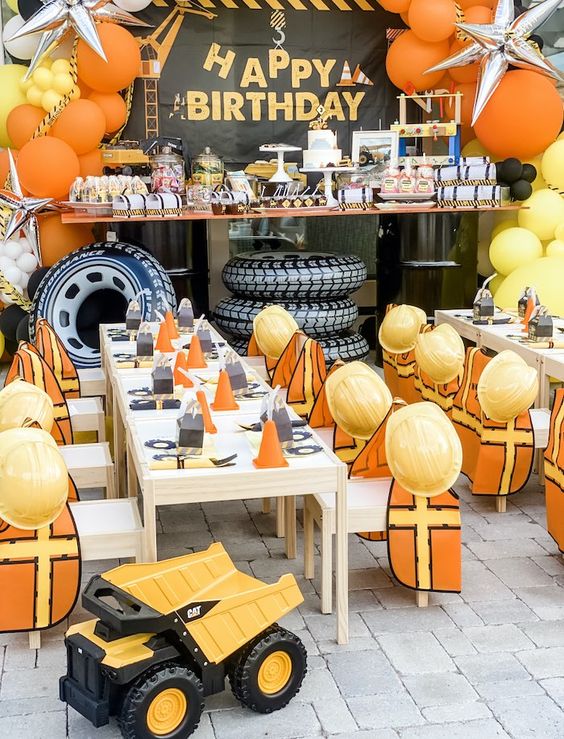 Construction-theme birthday party set-up for kids.