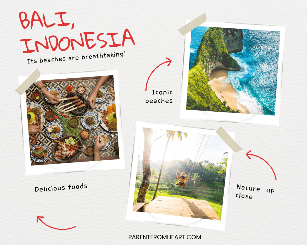 A photo collage of Bali, Indonesia.