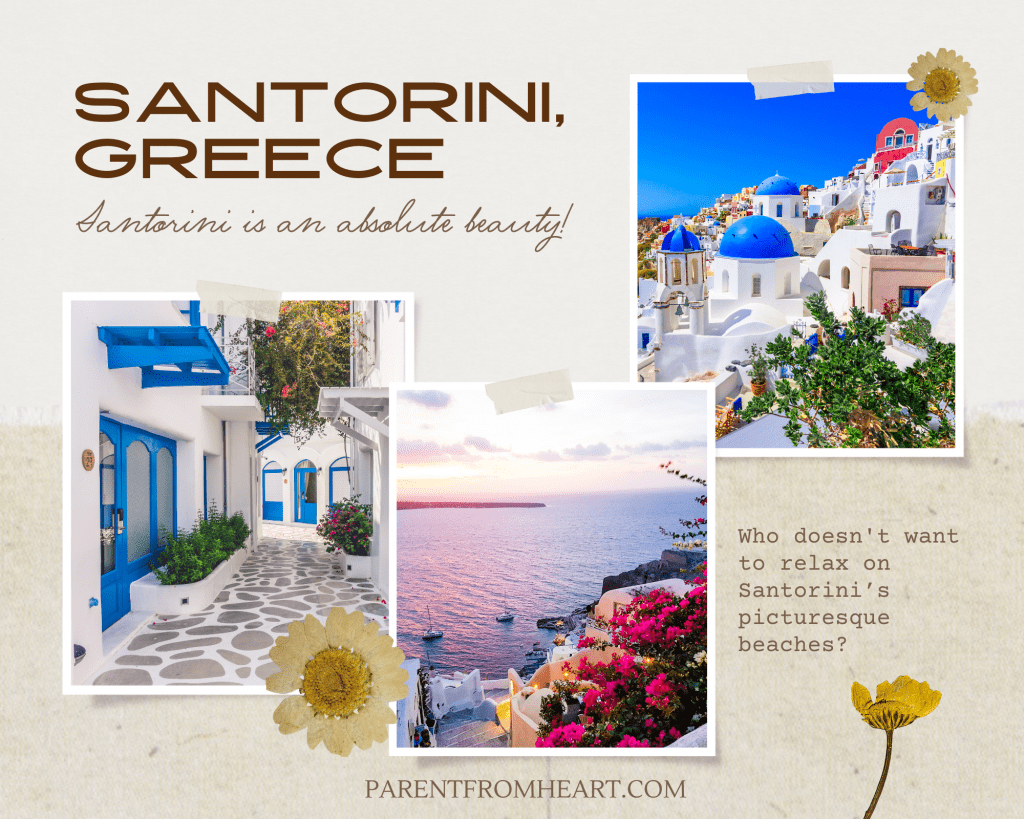 A photo collage of Santorini, Greece.