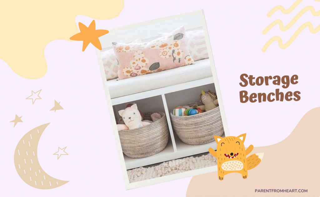 A Pinterest photo about storage benches as stuffed animal storage.