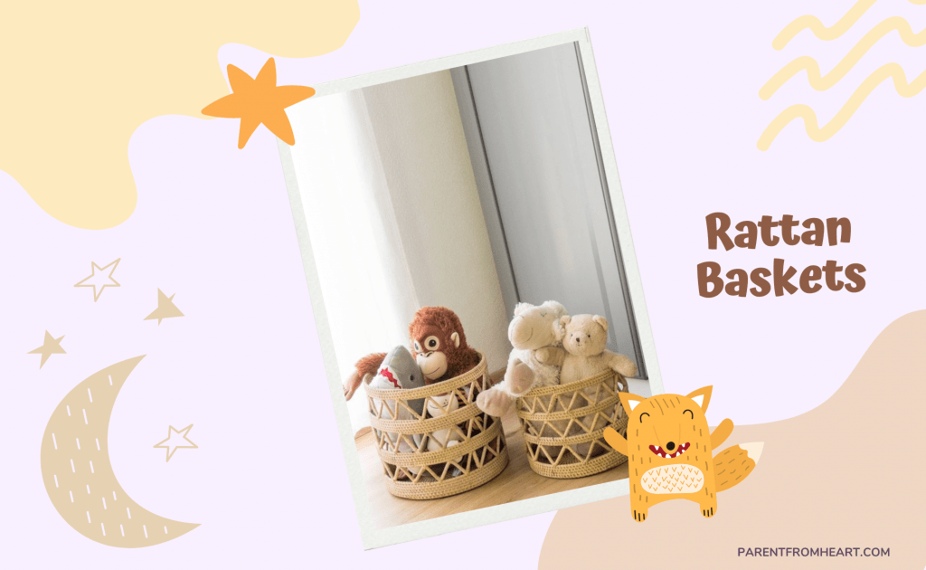 A Pinterest photo about rattan baskets as stuffed animal storage.