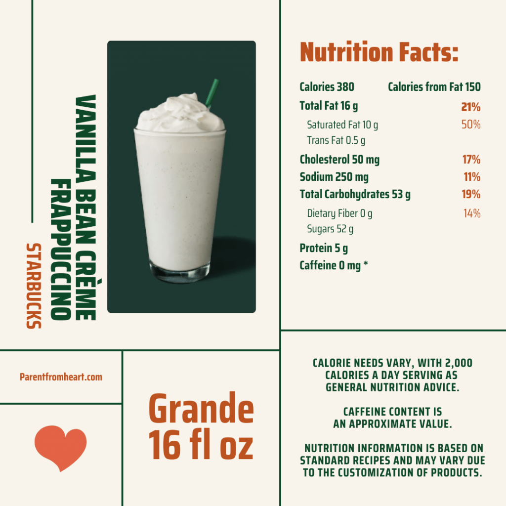 Nutritional facts of Starbuck's vanilla bean creme frappucino.