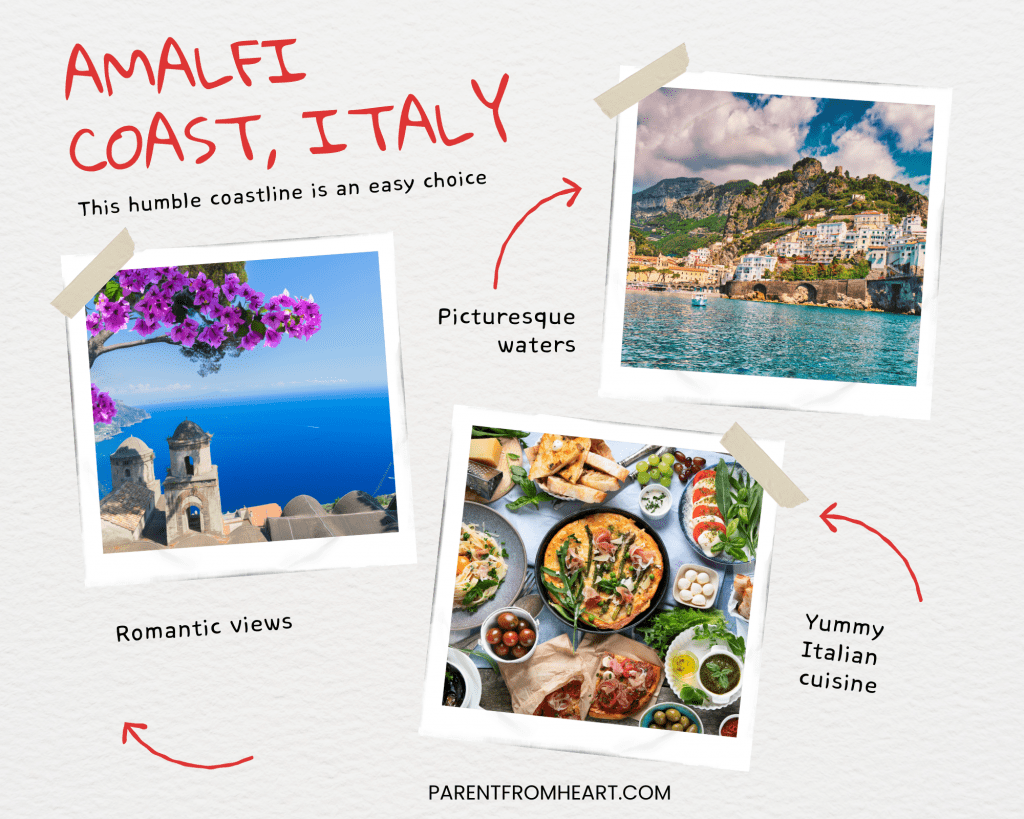 A photo collage of Amalfi Coast, Italy.