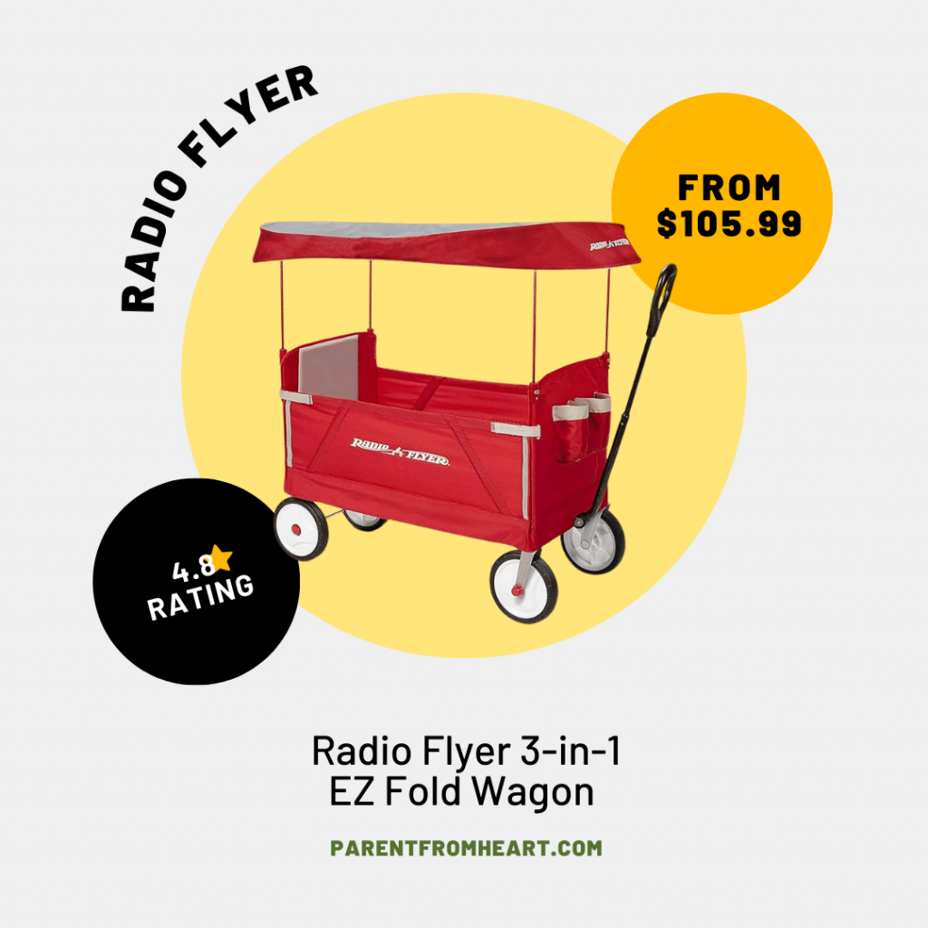 A photo about Radio Flyer 3-in-1 EZ Fold Wagon; Red Folding Wagon with Canopy; Collapsible Wagon for Kids, Cargo, & Garden.