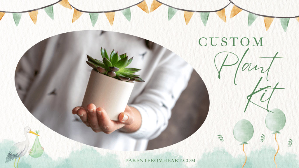 A banner about a baby shower prize idea: custom plant kit.