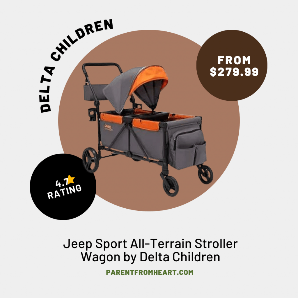 A photo about Jeep Sport All-Terrain Stroller Wagon by Delta Children - Includes Canopy, Parent Organizer, Adjustable Handlebar, Snack Tray & Cup Holders, Grey/Bonfire.