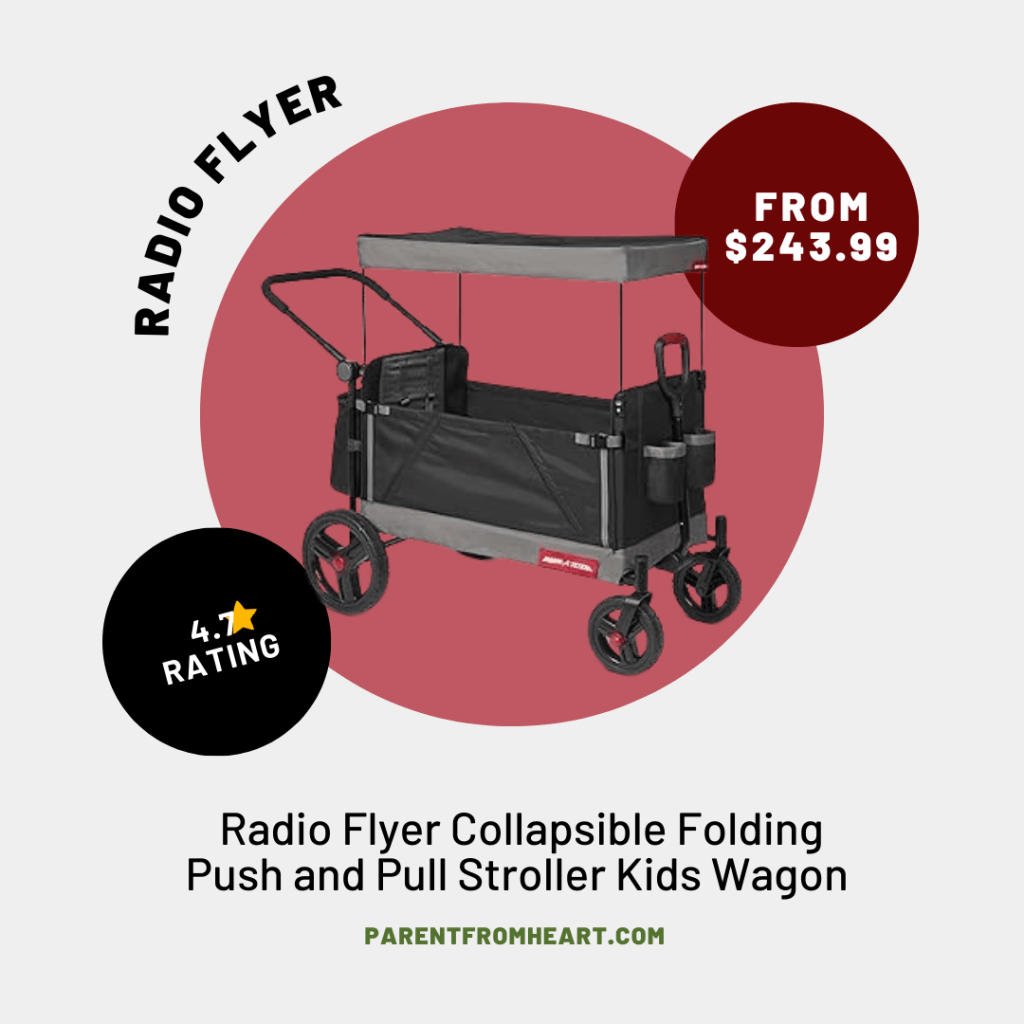 A photo about Radio Flyer Collapsible Folding Push and Pull Stroller Kids Wagon with Protective Canopy Cover and Travel Case for Ages 1 and Up, Black.