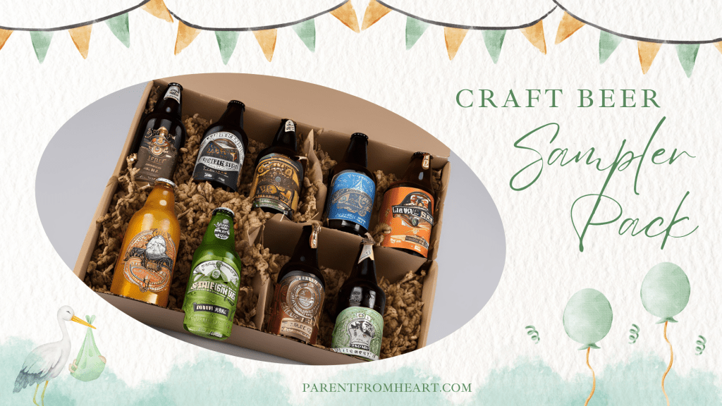 A banner about a baby shower prize idea: craft beer sampler pack.