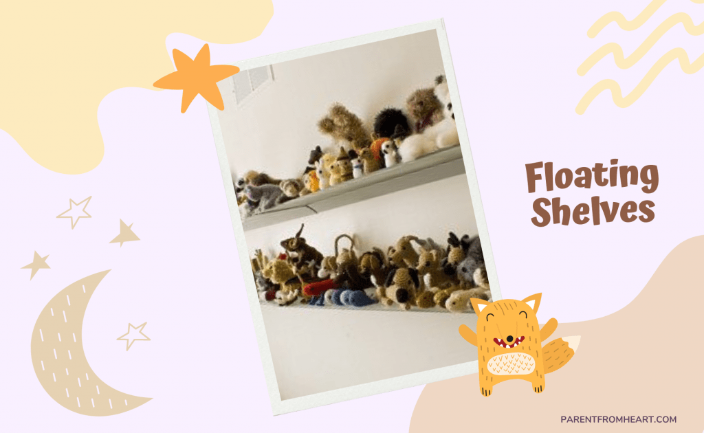 A Pinterest photo about floating shelves as stuffed animal storage.