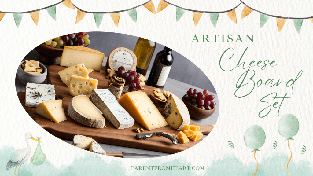 A banner about a baby shower prize idea: artisan cheese board set.