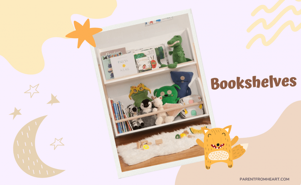 A Pinterest photo about bookshelves as stuffed animal storage.