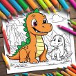 Colored in Dinosaur on a coloring sheet with pencils.