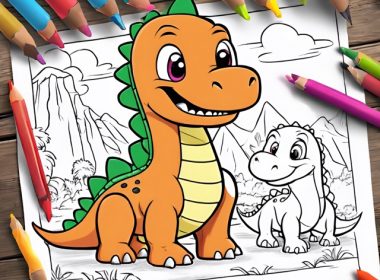Colored in Dinosaur on a coloring sheet with pencils.
