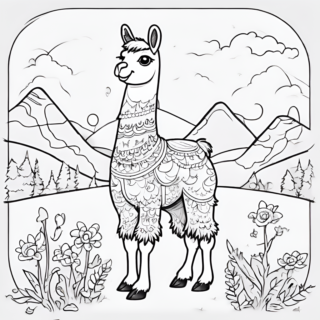 Colorful llama coloring page with mountains