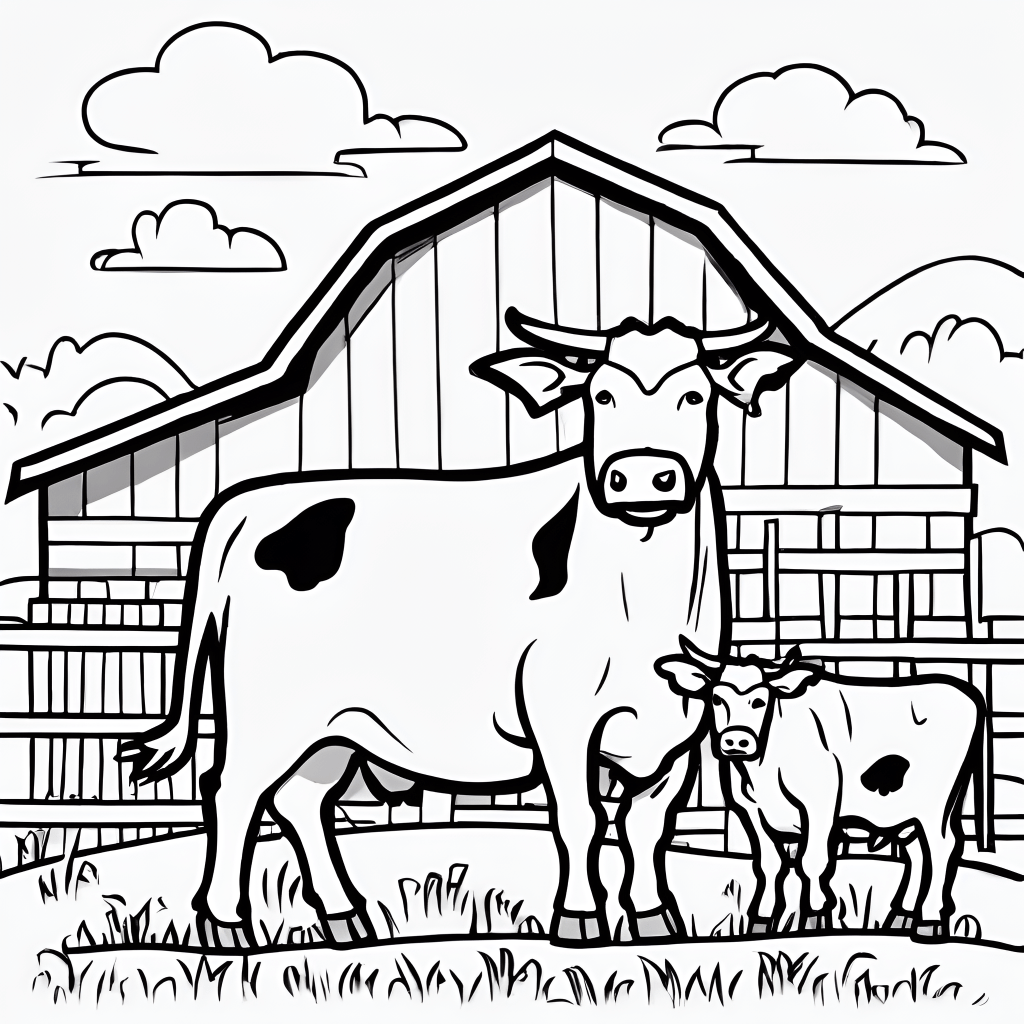 cartoon cows on a farm coloring page